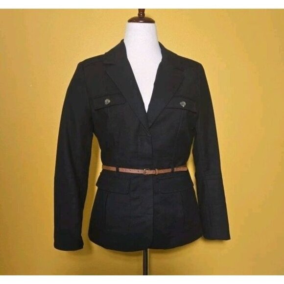 H&M Button Front Belted Black Lined Jacket Womens 12 Pockets Military Cotton Lar - Picture 1 of 10